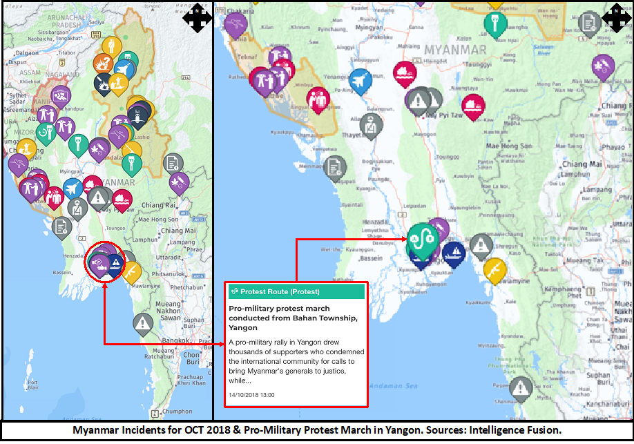 A map depicting the locations of significant incidents in Myanmar including the pro-military march in October 2018. 